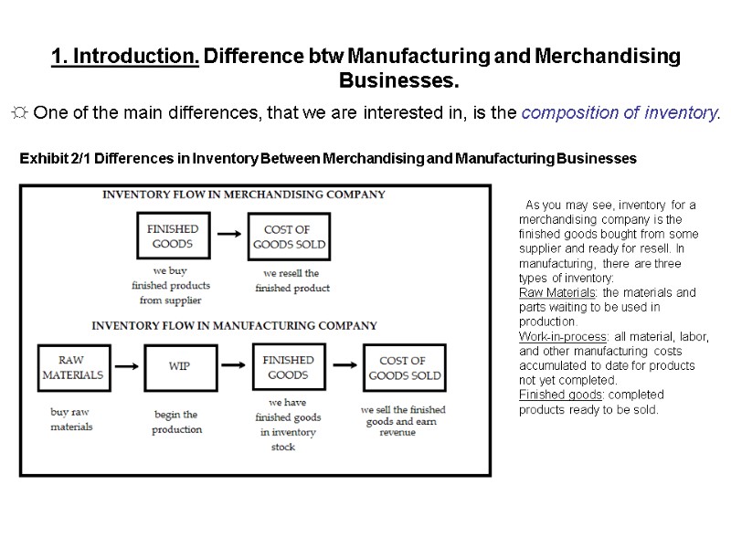 1. Introduction. Difference btw Manufacturing and Merchandising Businesses. ☼ One of the main differences,
